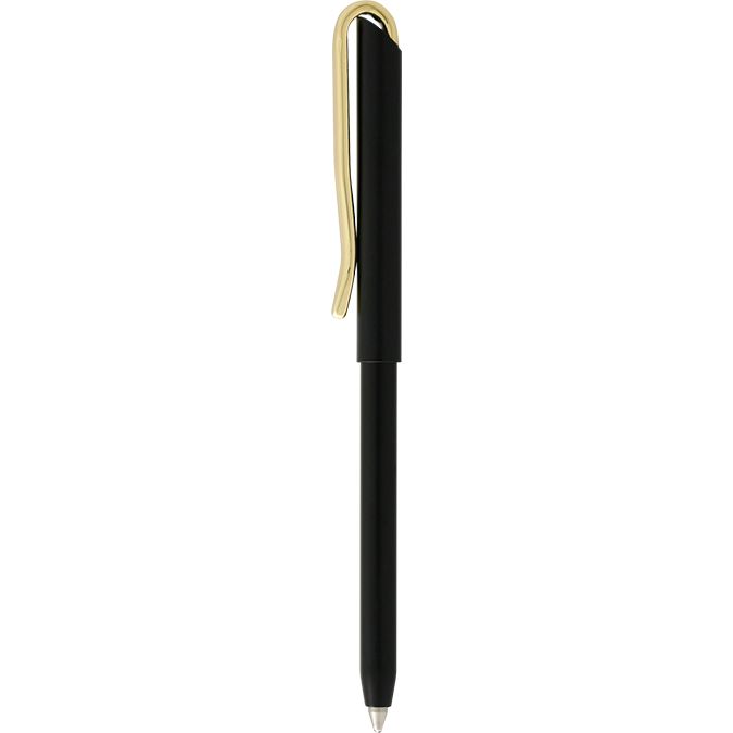 min-neg, Bolígrafo metálico negro satinado con clip dorado o cromado. Ideal para llevar en la cartera. Ultra delgado. Mecanismo de Giro. Tinta negra.